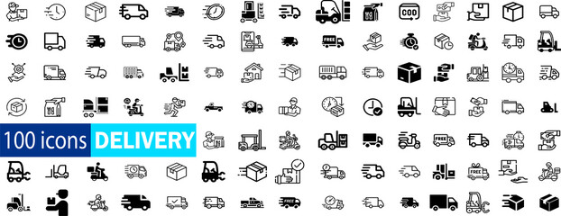 Fototapeta na wymiar Set of 100 delivery icons isolated on white background. Big set Icons collection in trendy, delivery icons set,marketing, Shipping symbol, ecommerce, social media, Content, warehouse, transportation