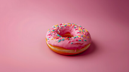 Delicious Pink Iced Doughnut with Colorful Sprinkles on a Pink Background