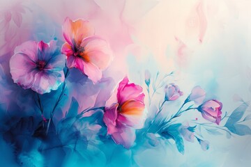   A painting of pink and blue flowers against a blue-pink background, featuring leaves and blooms