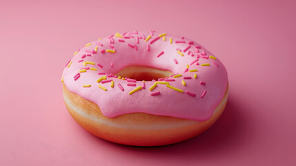 Delicious Pink Iced Doughnut with Colorful Sprinkles on a Pink Background