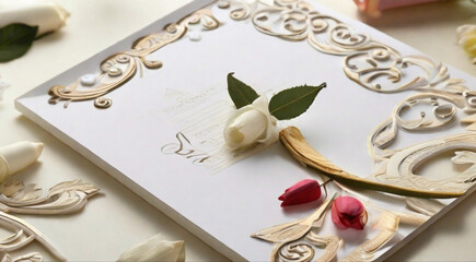Naklejka na ściany i meble Discover elegance in simplicity with our pristine white paper card board, adorned with exquisite decorations that elevate every occasion.