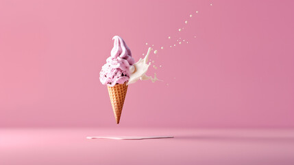 Levitating Pink Ice Cream Scoops with Cone on Pink Background