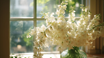 flowers in the window, In a sun-kissed room, aDendrobium thrives. Its blooms, like celestial...