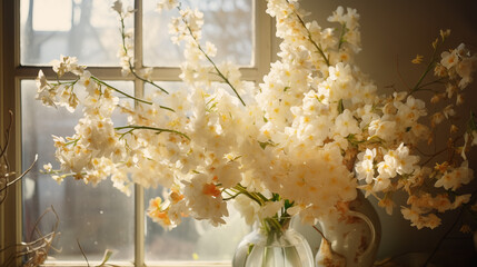 flowers in the window, In a sun-kissed room, aDendrobium thrives. Its blooms, like celestial...