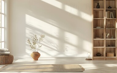 Minimalist modern interior of a living room with a white wall mock up, a yoga mat on the floor and a wooden bookcase near the window, 3D rendering stock photo