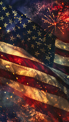 Abstract Artistic Depiction of American Flag with Splatter Paint and Fireworks