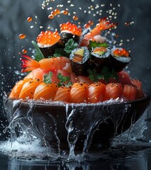 fish sushi and crab thrown into black bowl, in the style of explosive abstracts, photo-realistic compositions, lively action poses. Generative AI