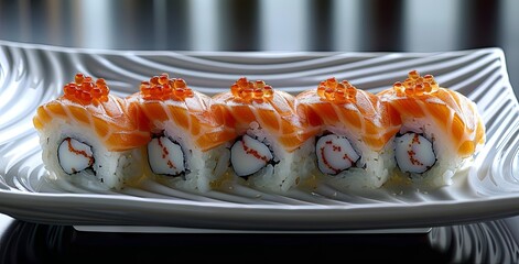 food plate with sushi on white background, in the style of reflex reflections. Generative AI
