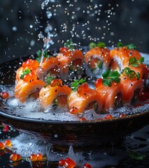 fish sushi and crab thrown into black bowl, in the style of explosive abstracts, photo-realistic compositions, lively action poses. Generative AI