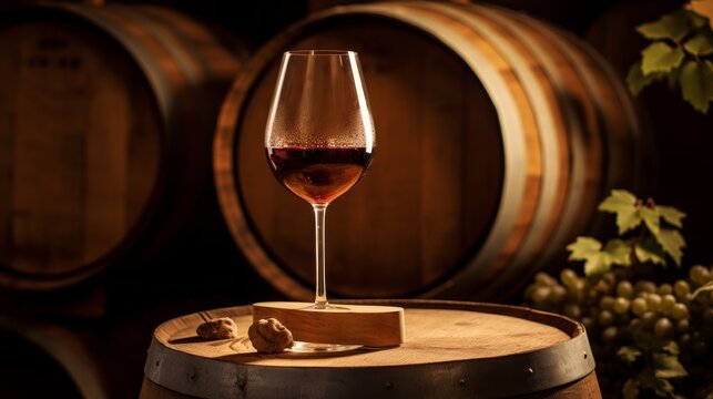 Wine bottles and wine glasses are placed next to the casks for aging wine, drink concept dasign. A wine glass is placed next to a wooden barrel
