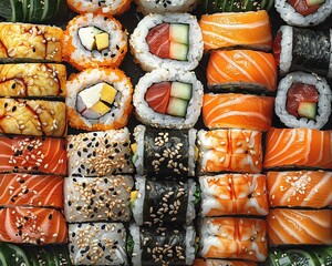fresh sushi rolls stuffed with toppings, in the style of dark orange and dark emerald, light brown and dark black. Generative AI