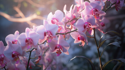 flowers in the garden, Against a backdrop of leaves, aDendrobium orchid unfurls. Its colors—pale...