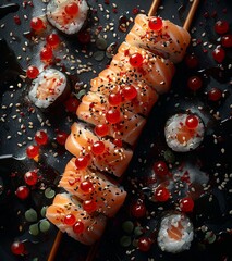 japanese sushi and chopsticks on a black background, in the style of explosive and chaotic, postmodernist collage, photo-realistic. Generative AI