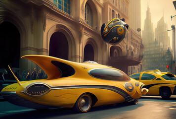 Futuristic yellow taxi among big cities and skyscrapers. Transportation and Innovation technology...