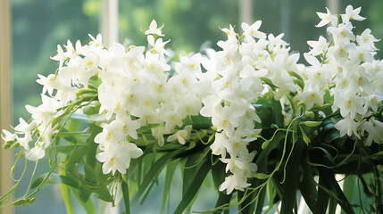 white flowers, Dendrobium orchids bask in sunlight, their delicate blooms vibrant against the green...