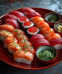 red plates with four varieties of sushi, in the style of dark gray and pink. Generative AI