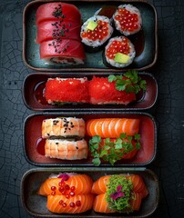 red plates with four varieties of sushi, in the style of dark gray and pink. Generative AI