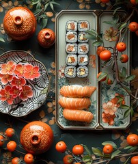 some japanese sushi trays on black table with some flowers, in the style of light teal and dark orange, textural prints, aerial photograph. Generative AI
