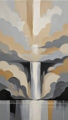 waterfall and clouds abstract painting neutral colors
