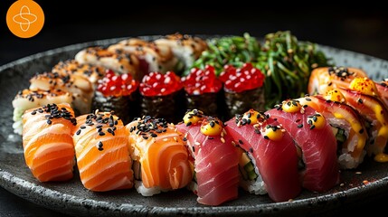 sushi arranged on the plate with a black background, in the style of light red and teal. Generative AI