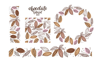 Cocoa bean frame set. Round Chocolate frame seamless pattern, seamless borders. Doodle Outline vector illustrations. Chocolate handwritten lettering logo, emblem, badge or label with cocoa bean