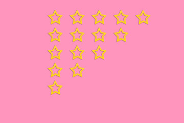 Gold, gray five stars shape on a pink background. Rating stars with tick. Feedback evaluation. Rank quality. Feedback from 0 before 5 for apps and websites.