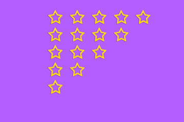 Gold, gray five stars shape on a purple background. Rating stars with tick. Feedback evaluation. Rank quality. Feedback from 0 before 5 for apps and websites.
