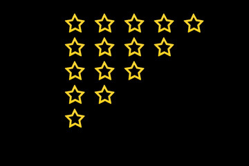 Gold, gray five stars shape on a black background. Rating stars with tick. Feedback evaluation. Rank quality. Feedback from 0 before 5 for apps and websites.