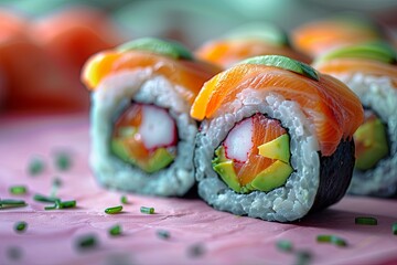 sushi on pink background, in the style of dark brown and azure. Generative AI
