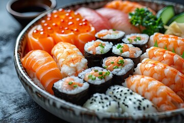 sushi plate arranged on a grey background with shrimp, salmon and cucumber. Generative AI