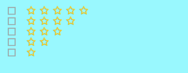 Gold, gray five stars shape on a blue background. Rating stars with tick. Feedback evaluation. Rank...