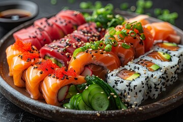 sushi platter with spicy tuna sushi and vegetables, in the style of dark gray and black. Generative AI