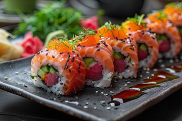 sushi platter with spicy tuna sushi and vegetables, in the style of dark gray and black. Generative AI