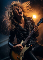 Fototapeta na wymiar Une belle femme rockeuse jouant de la guitare électrique, chantant, la bouche grande ouverte.