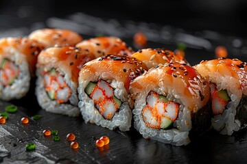 sushi rolls on a black background, light gray. Generative AI
