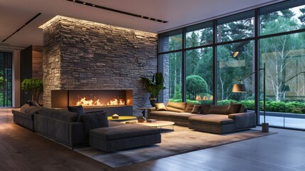 Beautiful modern living room interior with stone wall and fireplace in luxury home. Generative AI - obrazy, fototapety, plakaty