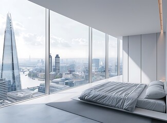 Modern bedroom with a large bed and floor-to-ceiling window overlooking the London skyline,...