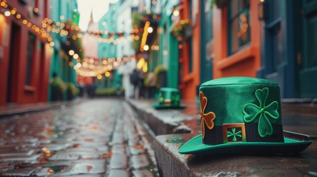 St Patrick's Day hats and clovers on festive street Generative AI image