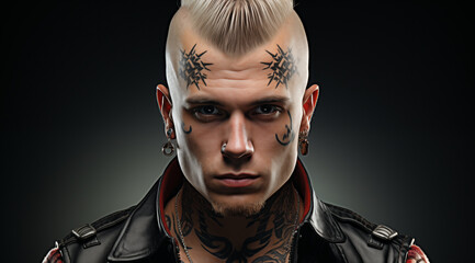 Le portrait d'un punk avec une coupe de cheveux Mohawk et des tatouages.