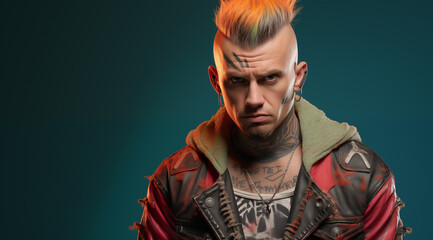 Le portrait d'un punk avec une coupe de cheveux Mohawk et des tatouages, image avec espace pour texte. - obrazy, fototapety, plakaty