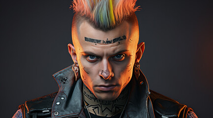 Le portrait d'un punk avec une coupe de cheveux Mohawk et des tatouages. - obrazy, fototapety, plakaty
