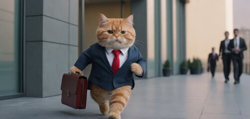 A plump cute red cat in a business suit with a tie and a business briefcase in his hand runs into an office building. AI generation. - obrazy, fototapety, plakaty
