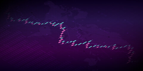 Financial graph with up trend line candlestick chart of stock market and world map in neon color background