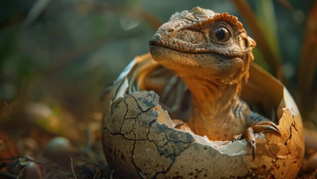 Prehistoric dinosaur era. Jurassic period park. Ancient extinct animal. Wild dangerous dino hatched from egg. Small scary baby birth. Wildlife many years ago. Powerful predator. New life Little lizard