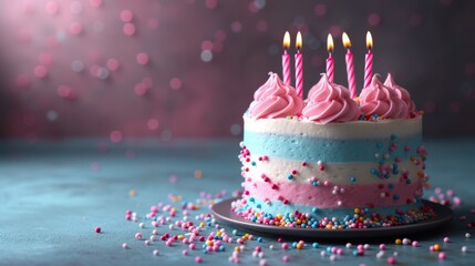   A blue table holds a birthday cake with pink and blue frosting, topped with sprinkles and lit candles