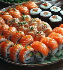 a plate full of sushi rolls, in the style of light orange and dark emerald. Generative AI