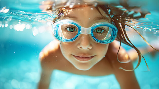 A young girl is swimming in a pool wearing goggles. She is smiling and looking at the camera. children swimming in the pool