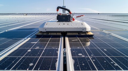 A robot is cleaning solar panels on a roof using composite material