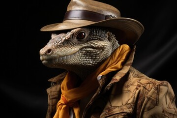 Close-up of a caiman with clothes and hat. anthropomorphic image