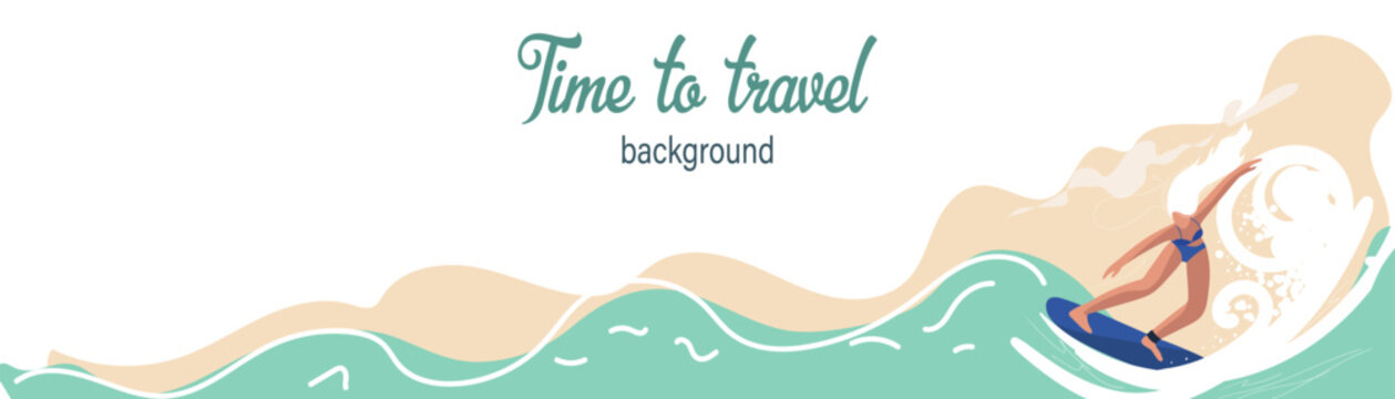 Banner with the image of a surfer girl. Place for text. Background of summer vacation. Color flat vector illustration. Summer banner with surfer girl. Vector horizontal banner.